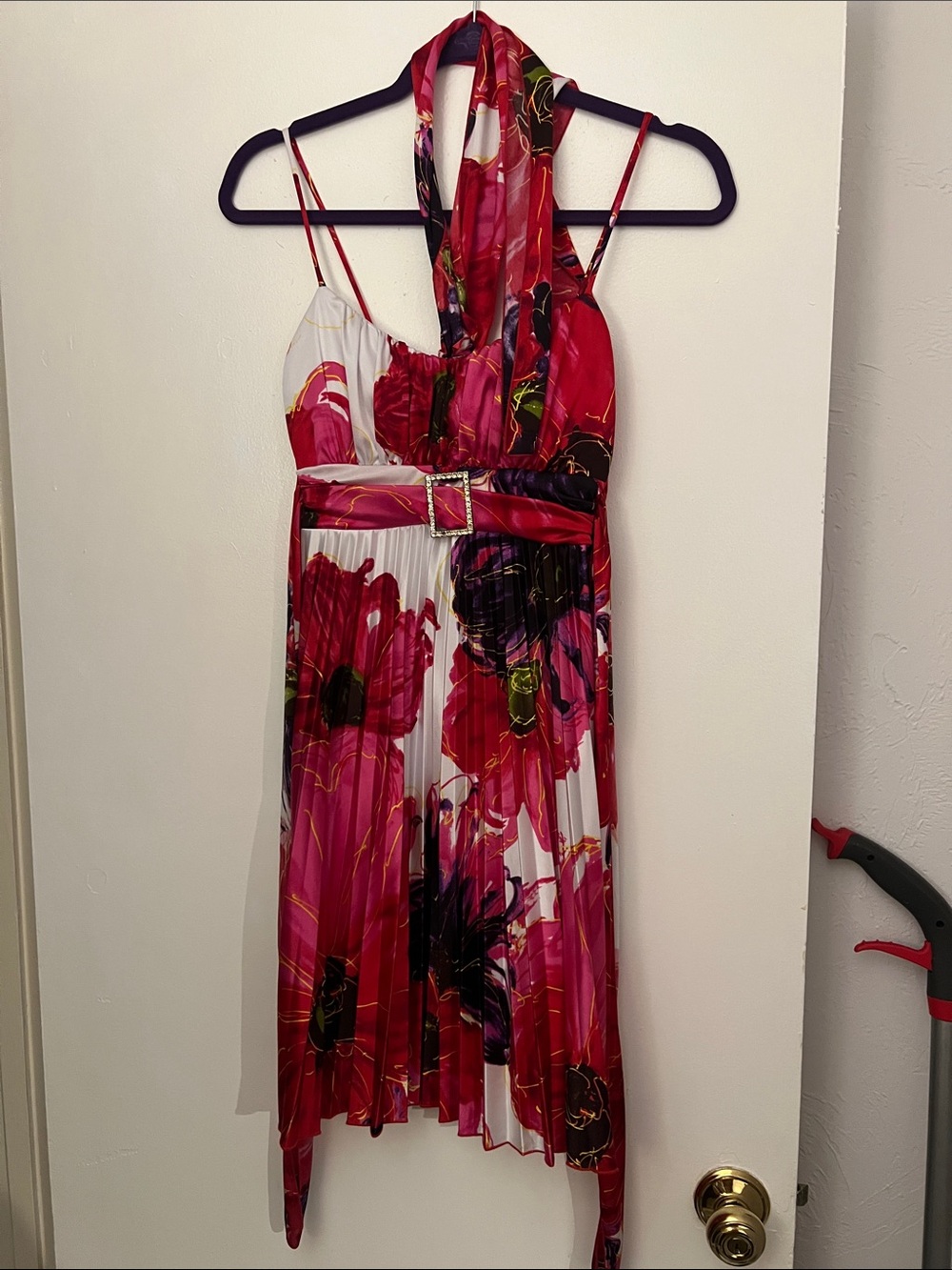 B Darlin Red & Pink Floral One-Shoulder Pleated Dress